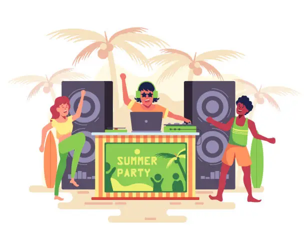 Vector illustration of DJ plays music on the beach with loud speakers Teenagers dancing merrily