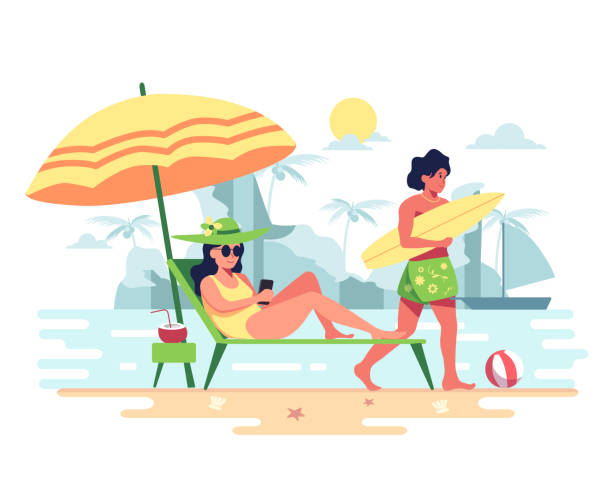 ilustraciones, imágenes clip art, dibujos animados e iconos de stock de pareja de vacaciones, ir al mar, tomar el sol, tabla de surf - concurso de belleza