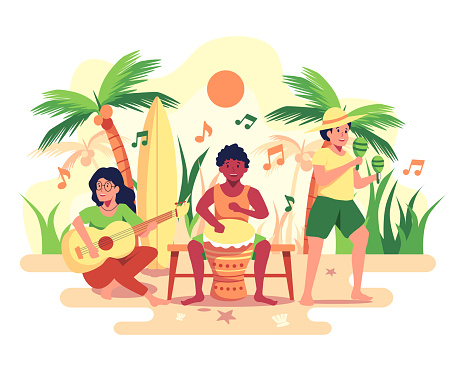 The company organizes a recreational beach party for its employees. The band consists of drums, guitars, zacs. vector illustration flat design