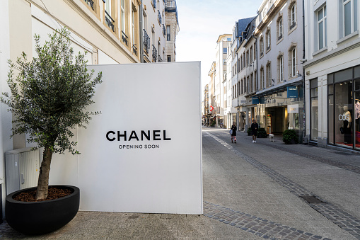 Luxembourg city, May 2022. outdoor view of Chanel brand store opening soon in the city center\