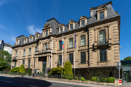 Luxembourg city, May 2022.  exterior view of the Luxembourg Central Bank building in the city center