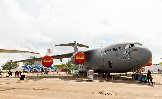 Changi Airport, Singapore - February 12, 2020 : Boeing C-17A Globemaster III Military Transport Aircraft (Reg 05-5153) Of United States Air Force On Display In Singapore Airshow.