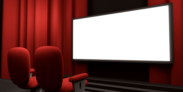 Cinema screen 3D rendering. Cinema mock-up screen. 3D rendering