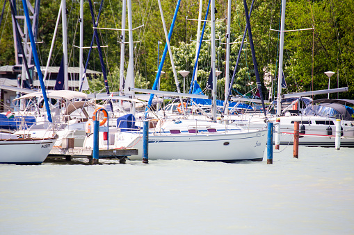Sailboats in the marina of Badacsony (Lake Balaton, Hungary, May 24, 2022)