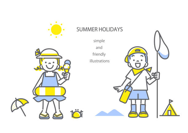 illustrations, cliparts, dessins animés et icônes de des petits enfants heureux pendant les vacances d’été - descriptive color elementary student water blue