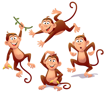 Vector collection of four cheerful monkeys isolated on white. Bananas on separate layers and can be easily removed.
