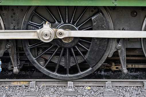 Close up view of old steam locomotive wheels