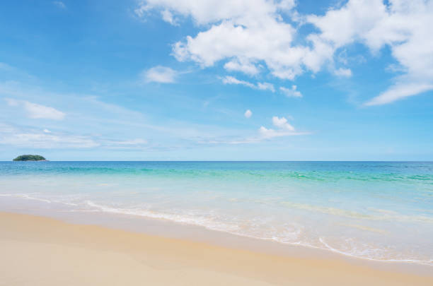 istock Tropical sandy beach with blue ocean and blue sky background image for nature background or summer background 1400016932