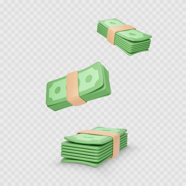 Stack of money. Green dollar bundle. Paper Currency in cartoon realistic style Stack of money. Green dollar bundle. Paper Currency in cartoon realistic style. Business and finance object isolated on transparent background. Vector illustration bundle illustrations stock illustrations