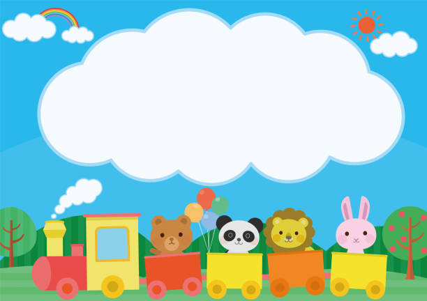 ilustrações de stock, clip art, desenhos animados e ícones de cute animals riding a train and a cloud frame illustration for children - train steam train sun vector