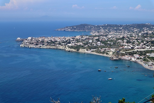 Forio, Campania, Italy - May 15, 2022: Panorama of the coast from the top of Punta Imperatore