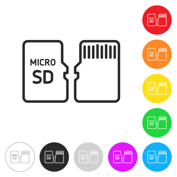 ilustrações de stock, clip art, desenhos animados e ícones de micro sd card - front and back view. icon on colorful buttons - memories memory card technology storage compartment