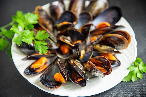 mussels in shells fresh healthy meal food snack diet on the table copy space food background rustic top view