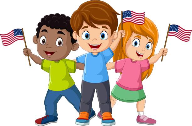 illustrazioni stock, clip art, cartoni animati e icone di tendenza di gruppo di bambini che tengono bandiere degli stati uniti - child flag fourth of july little girls