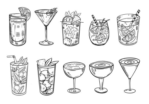 ilustrações de stock, clip art, desenhos animados e ícones de vector set glasses cocktails set. hand drawn black color sketch vector illustration. - wine bar beer bottle beer
