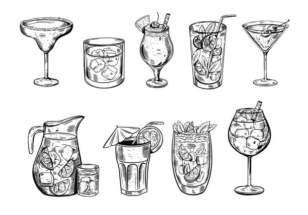 ilustrações, clipart, desenhos animados e ícones de coquetéis de desenho de cor preta desenhados à mão. ilustração vetorial. - copo de martini