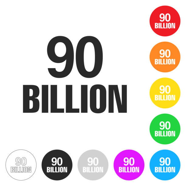 90 Billion. Icon on colorful buttons Icon of "90 Billion" isolated on white background. Includes 9 colorful buttons with a flat design style for your design (colors used: red, orange, yellow, green, blue, purple, gray, black, white, line art). Each icon is separated on its own layer. Vector Illustration with editable strokes or outlines (EPS file, well layered and grouped). Easy to edit, manipulate, resize or colorize. Vector and Jpeg file of different sizes. billions quantity stock illustrations