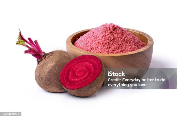 Beetroot Powder In Wooden Bowl With Fresh Fruit Isolated On White Stock Photo - Download Image Now