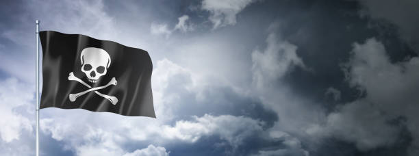 istock Pirate flag, Jolly Roger on a cloudy sky 1400026609