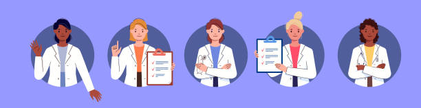 Avatars of Smiling Medical Staff Doctors and nurses portraits, medical specialists. Staff, healthcare hospital team. Flat cartoon vector illustration. pharmacist cartoon stock illustrations