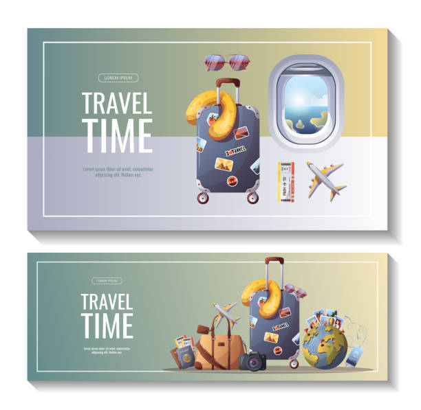 ilustrações de stock, clip art, desenhos animados e ícones de set of banners for travel, tourism, adventure, journey. - packing bag travel