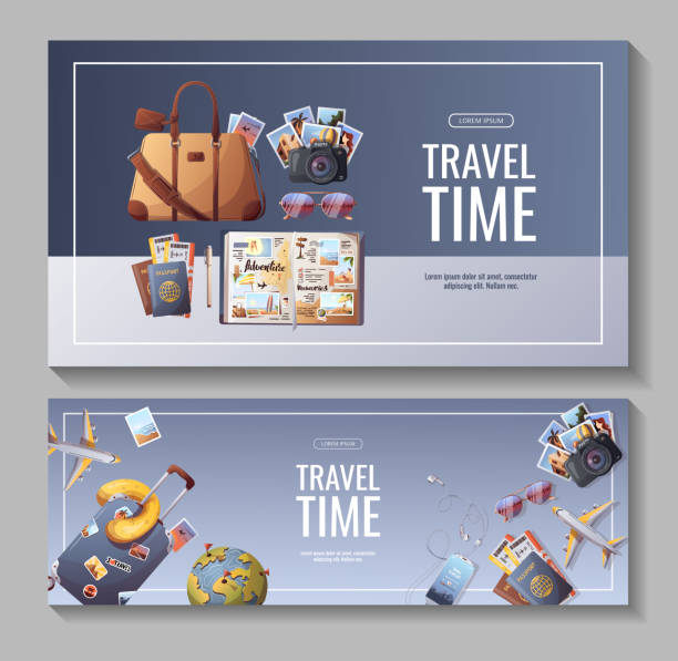 ilustrações de stock, clip art, desenhos animados e ícones de set of banners for travel, tourism, adventure, journey. - packing bag travel