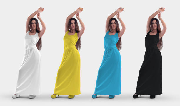 modelo de um longo vestido feminino em uma garota de cabelos escuros posando de salto alto, branco, preto, amarelo, vestido azul, para design, vista frontal. - print media fotos - fotografias e filmes do acervo