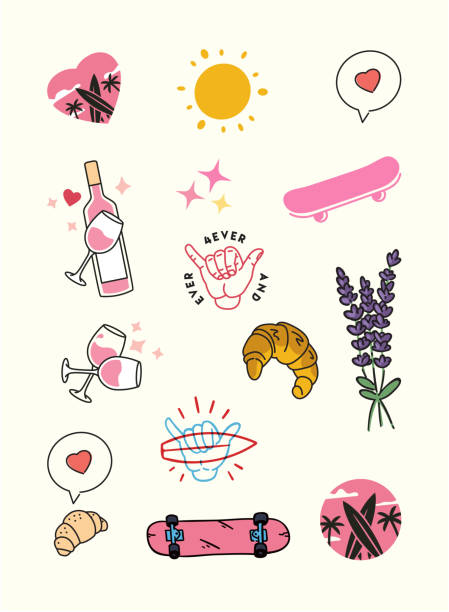 Summertime Surf And Wine Sticker Set. Surf And Wine Summer Sticker Pack. Simple Outline Drawings of Rose Wine, Surfboards, Shaka, Croissant, Sunset And More. Symbols of Love, Sun, Surfing Beach And Chill. rosé stock illustrations