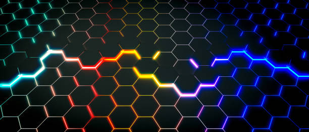 black and bright background with luminescent hexagonal shapes.