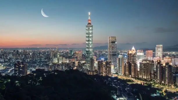 Taipei city viewed from the hill in the evening, Taiwan