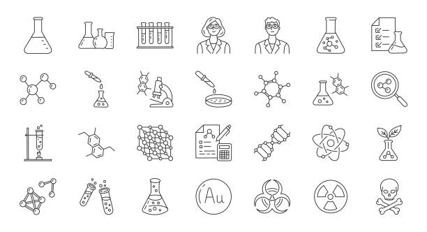 아이콘을 포함한 화학 낙서 일러스트 레이 션 - 플라스크, 실험실 튜브, 과학자, 프로퍼, 페트리 접시, 비커, 실험, 교육, 생명 공학. 실험실 연구에 대한 얇은 라인 아트. 편집 가능한 획 - 화학 stock illustrations