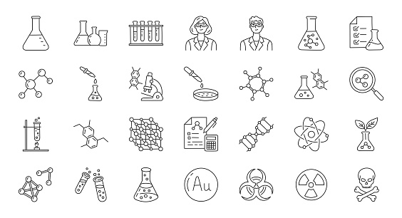 Chemistry doodle illustration including icons - flask, lab tube, scientist, dropper, petri dish, beaker, experiment, education, biotechnology. Thin line art about laboratory research. Editable Stroke.