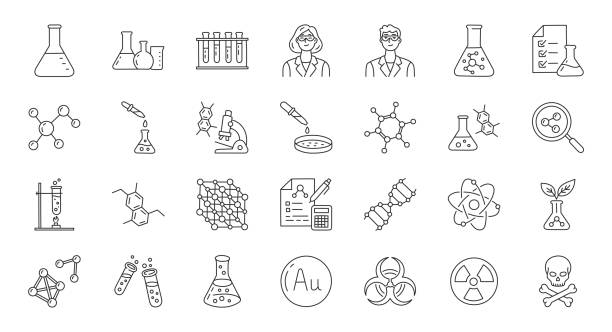 Chemistry doodle illustration including icons - flask, lab tube, scientist, propper, petri dish, beaker, experiment, education, biotechnology. Thin line art about laboratory research. Editable Stroke Chemistry doodle illustration including icons - flask, lab tube, scientist, dropper, petri dish, beaker, experiment, education, biotechnology. Thin line art about laboratory research. Editable Stroke. Physics stock illustrations