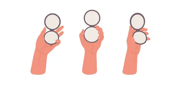 Vector illustration of Set diverse hands holding differently pocket mirrors.Cartoon illustration