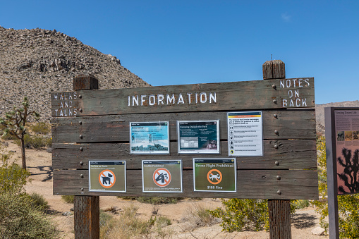 Joshua Tree, California, USA - May 04 2022: A sign inside Joshua Tree National Park with safety information for visitors