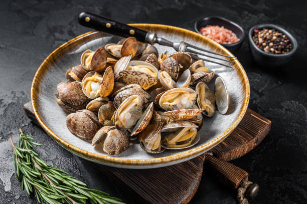 istock Steamed cooked shells Clams vongole in a plate with herbs. Black background. Top view 1400040804