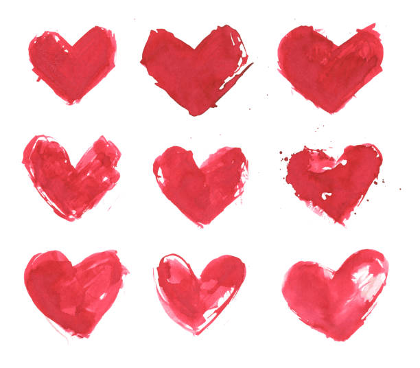 zestaw 9 serc ręcznie malowanych czerwonym tuszem na białym tle papieru akwarelowego - nierówny niechlujny piękny izolowany obiekt z postrzępionymi krawędziami nierównomiernie rozłożonymi pigmentami i niedoskonałościami - ilustracja wektorowa -  - i love you stock illustrations