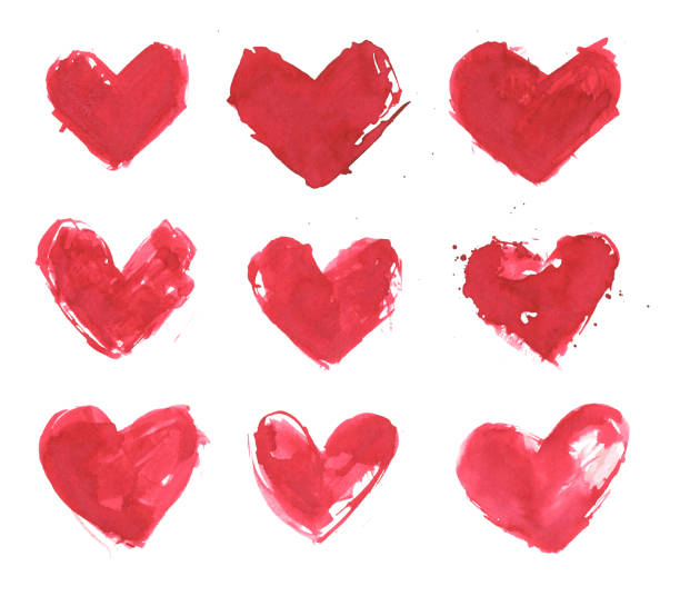 ilustrações de stock, clip art, desenhos animados e ícones de set of 9 hearts hand painted by red ink on white watercolor paper background - uneven messy beautiful isolated object with jagged edges unevenly distributed pigments and imperfections - vector illustration - unique doodle stock illustration - white background red colors paper