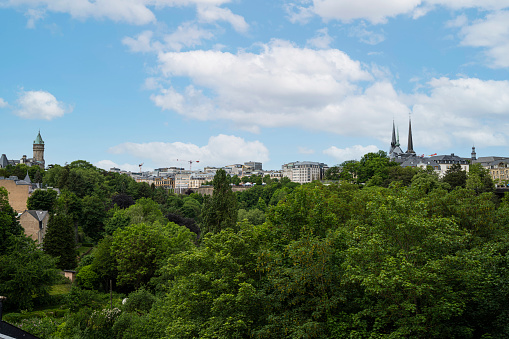 Luxembourg city, May 2022.  A panoramic view of the city from the Petrusse park