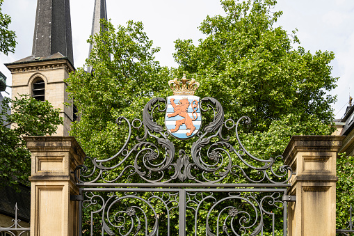 Luxembourg city, May 2022.   the coat of arms of the Grand Duchy of Luxembourg on a railing in the city center