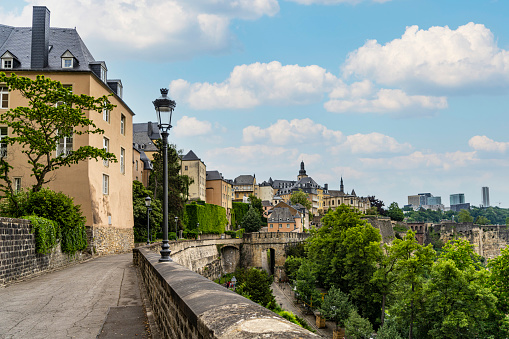 Luxembourg city, May 2022.  panoramic vie of the city from the Chemin de la Corniche