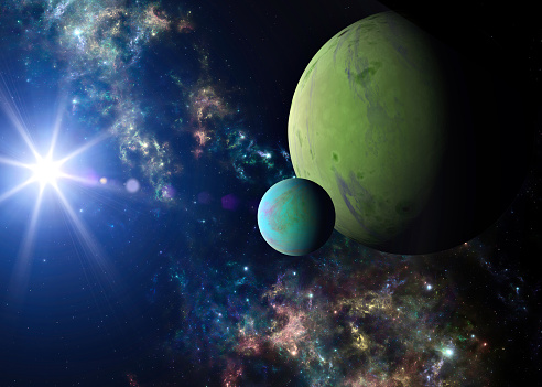 Planets and exoplanets of unexplored galaxies. Sci-Fi. New worlds to discover. Colonization and exploration of nebulae and galaxies. Planet and rings. 3d rendering