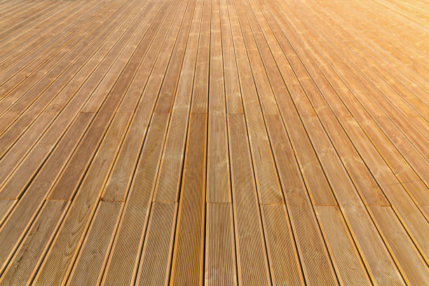 istock Natural wooden flooring, larch planks perspective 1400043182
