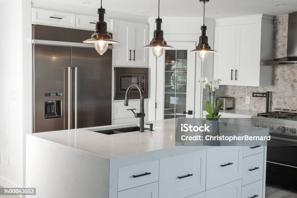 Black And White Modern Kitchen Stock Photo - Download Image Now - Kitchen, Kitchen Counter, Appliance