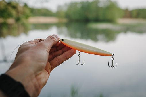 Fishing lure. Fake bait, artificial lure. Twister with Hook and Sinker in hand fisherman. Fishing day. Fishing for pike, and perch from a lake, river or pond. Fisherman with lure.