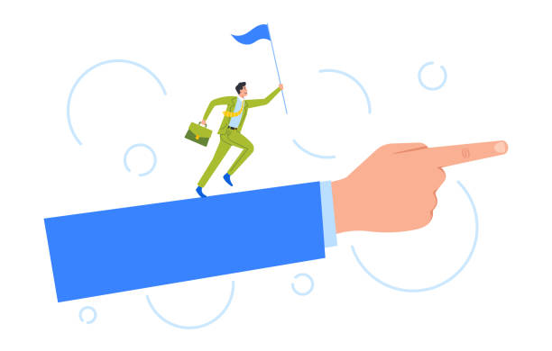 istock Businessman with Flag and Briefcase in Hands Run by Huge Hand with Index Finger Showing Direction. Successful Character 1400045495