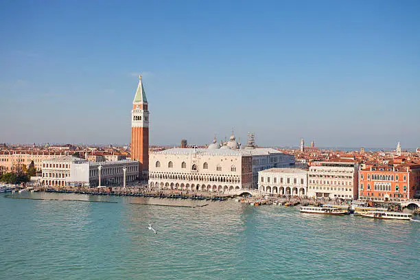 Aerial view towards St.Marks square Venice (Piazza San Marco) with bell tower and Doge's Palace
