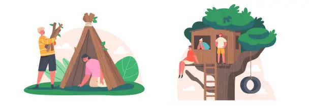 Vector illustration of Children Playing at Treehouse and Hut, Kids Outdoor Activities, Fun, Summer Forest Camp, Boys and Girls on Vacation