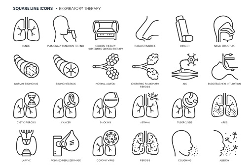 Respiratory therapy related, pixel perfect, editable stroke, up scalable square line vector icon set.