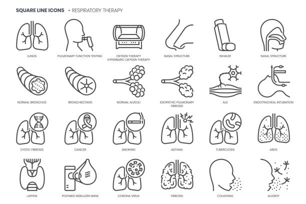 Respiratory therapy related, pixel perfect, editable stroke, up scalable square line vector icon set. Respiratory therapy related, pixel perfect, editable stroke, up scalable square line vector icon set. asma stock illustrations